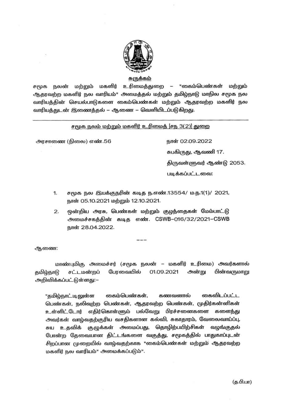 Read more about the article சமூக நலம் மற்றும் மகளிர் உரிமைத்துறை ஆணை